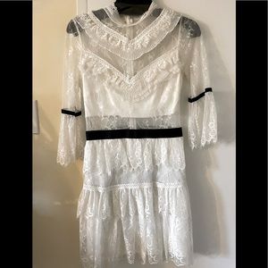 Mock Neck ruffle white Lace Dress